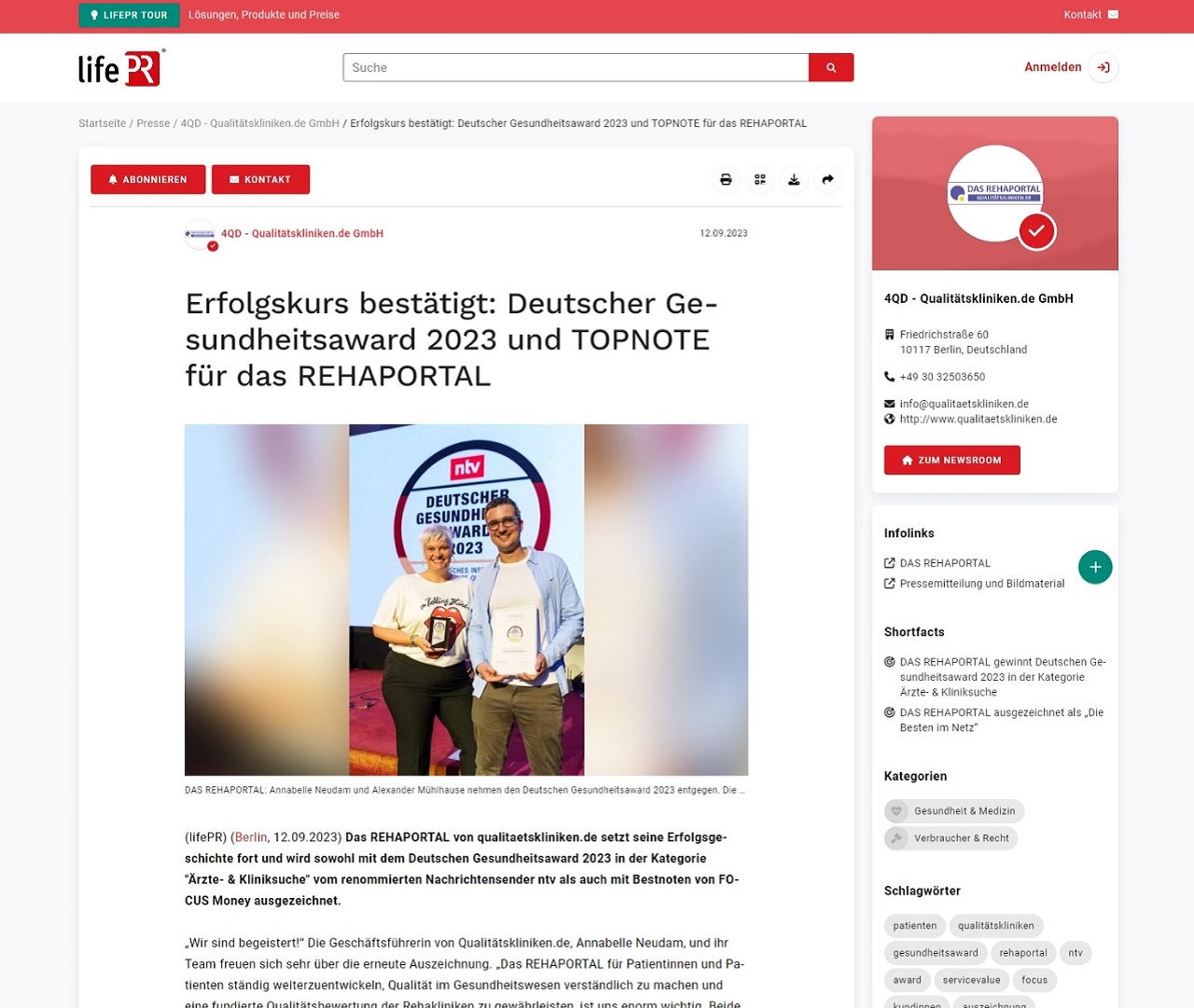 Erfolgskurs bestätigt: Deutscher Gesundheitsaward 2023 und TOPNOTE für das REHAPORTAL Erfolgskurs bestätigt: Deutscher Gesundheitsaward 2023 und TOPNOTE für das REHAPORTAL